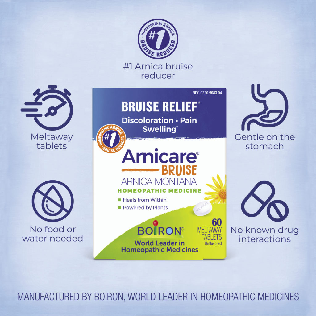 Arnicare Bruise Relief packaging with features on a light blue background