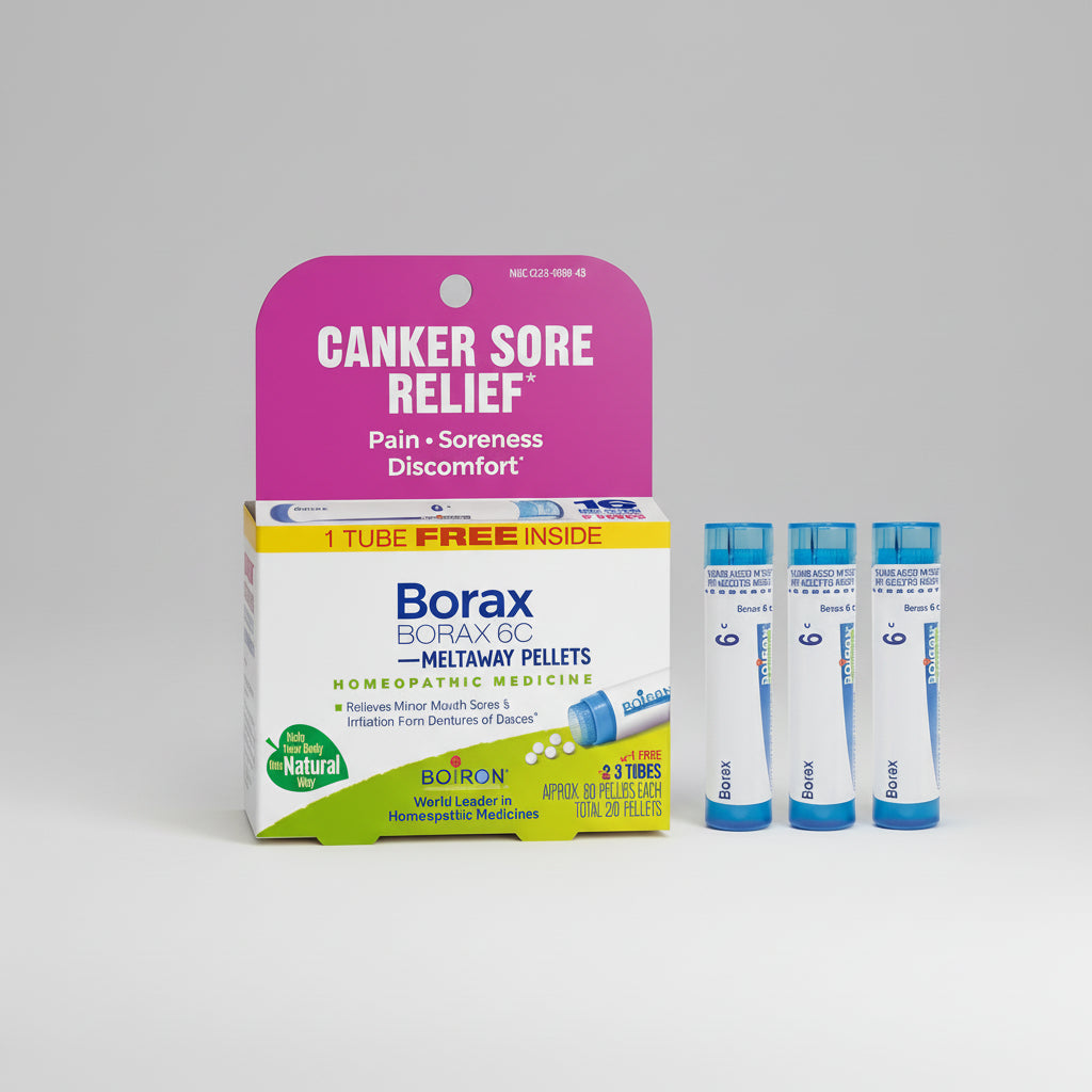 Borax 6C Meltaway Pellets packaging for canker sore relief on a white background