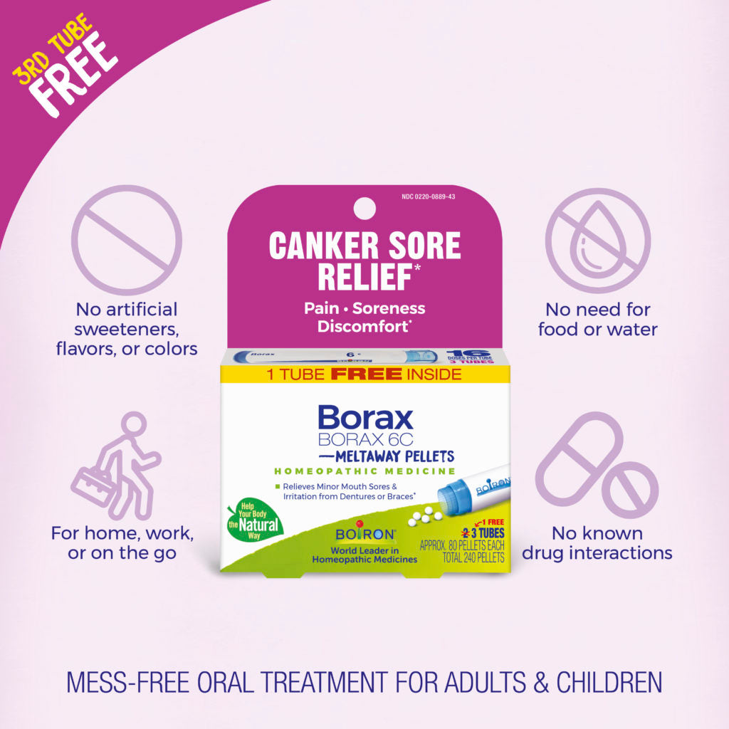 Borax BORAX 6C packaging with Canker Sore Relief label on a purple background