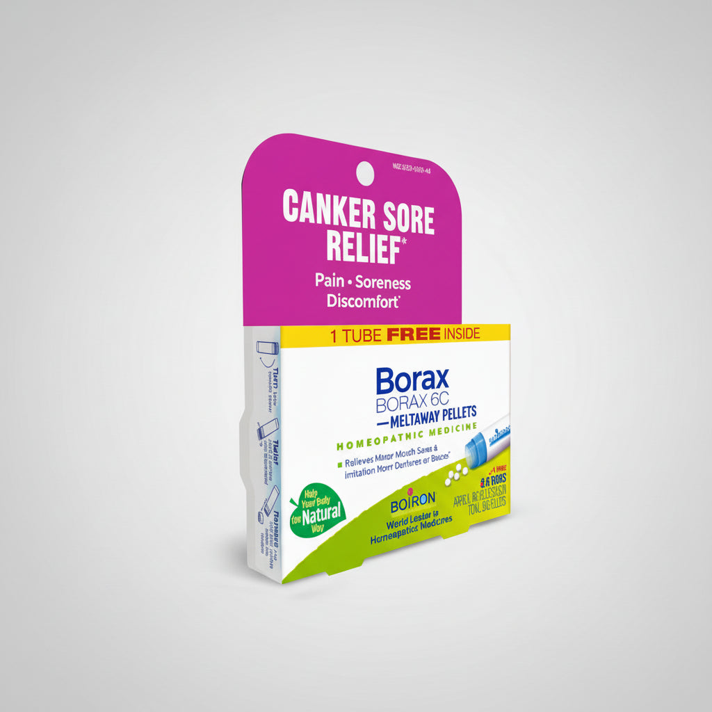 Borax canker sore relief packaging with purple and white design