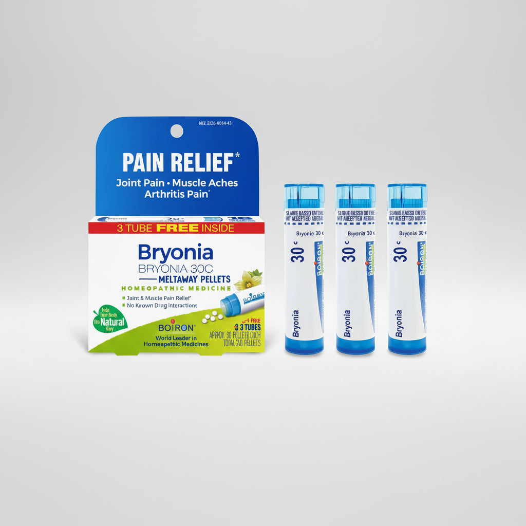 Boiron Bryonia 30C Meltaway Pellets packaging with three bottles on a white background