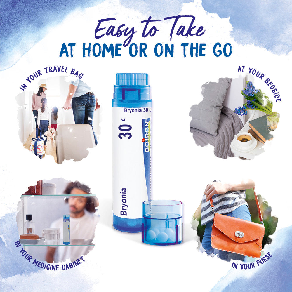 Bryonia 30c product with lifestyle images of people using it at home, on the go, and in their medicine cabinet.