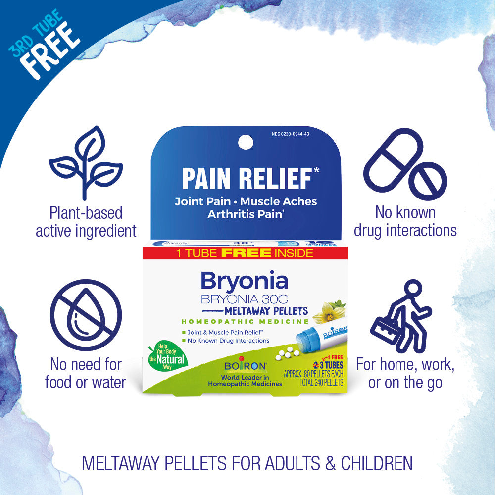 Bryonia homeopathic medicine packaging with pain relief benefits on a blue and white background