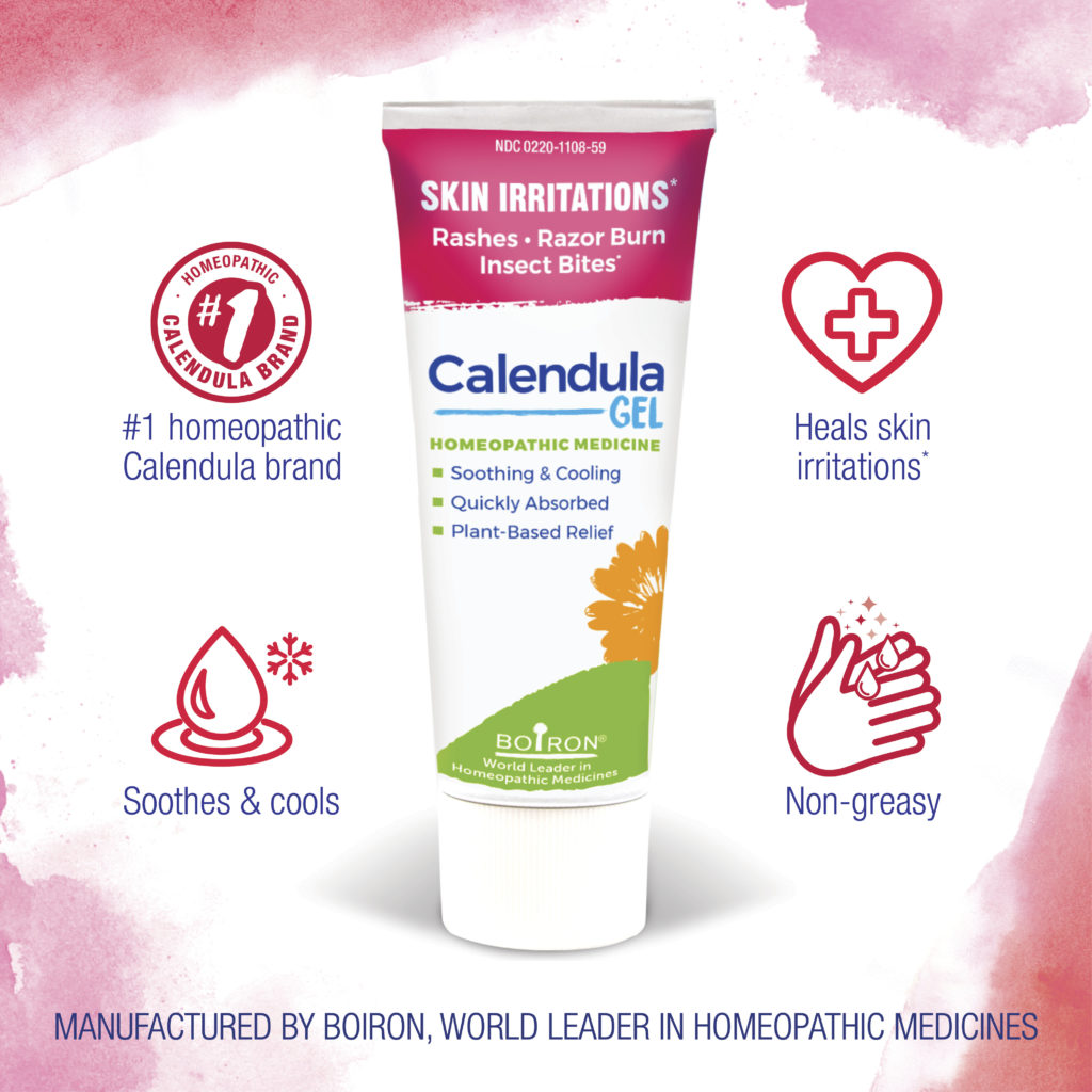 Calendula gel tube with branding and product features on a pink watercolor background