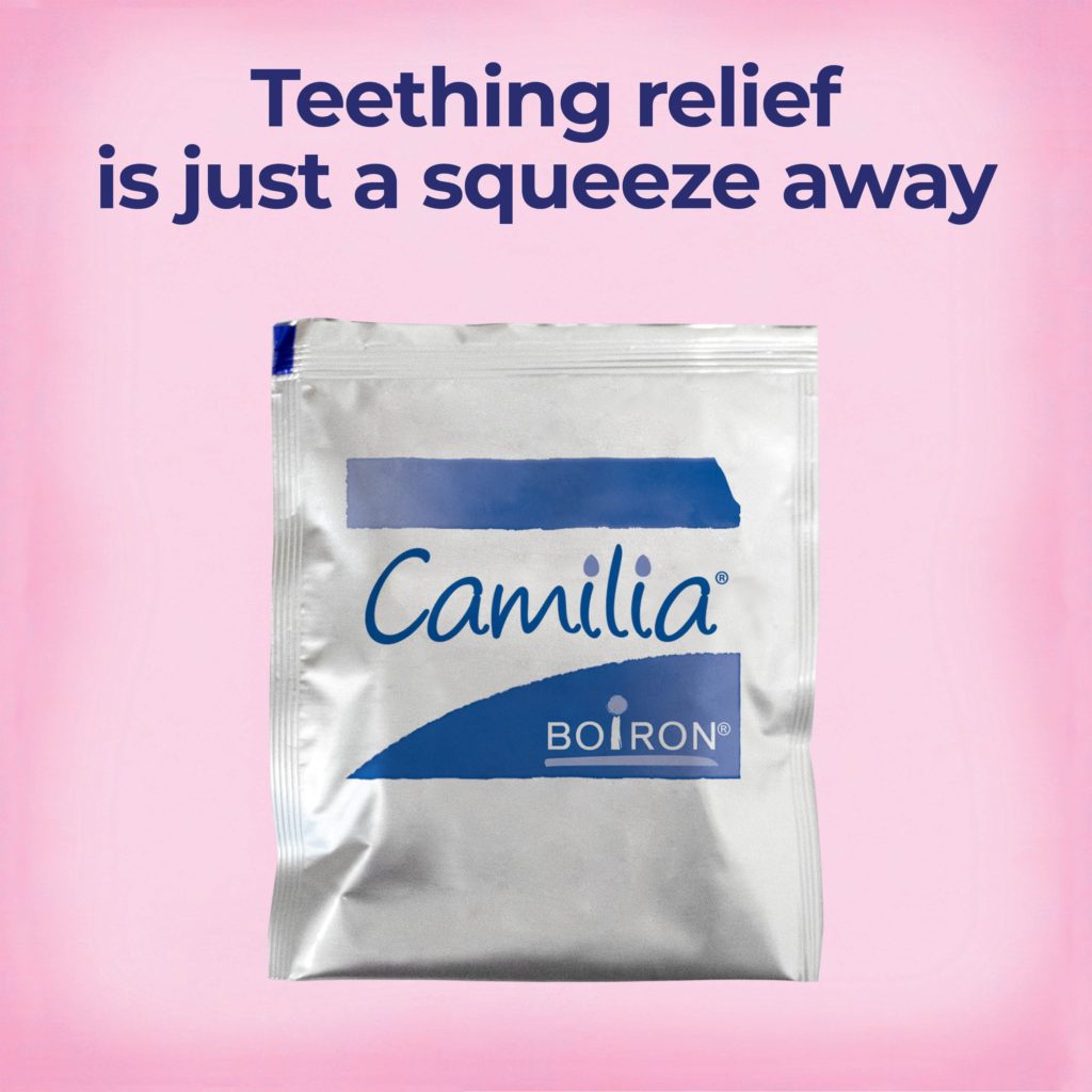 Camilia Boiron product packaging on a pink background with text about teething relief.