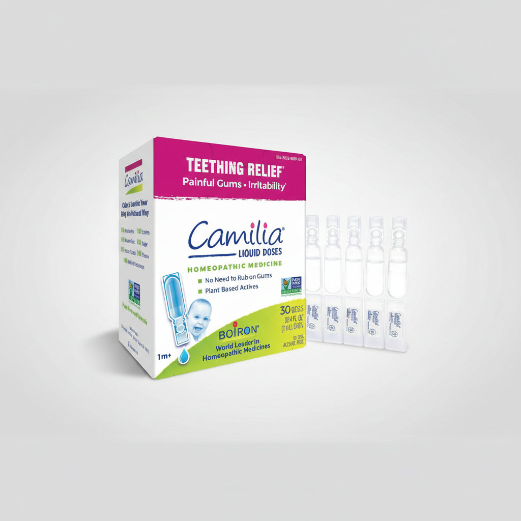 Camilia teething relief liquid doses packaging on a white background