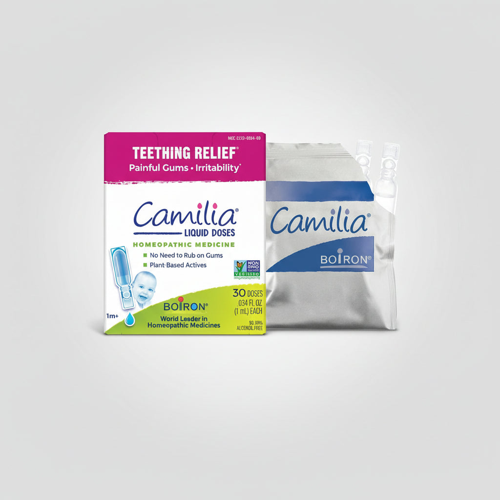 Camilia liquid doses packaging for teething relief on a white background
