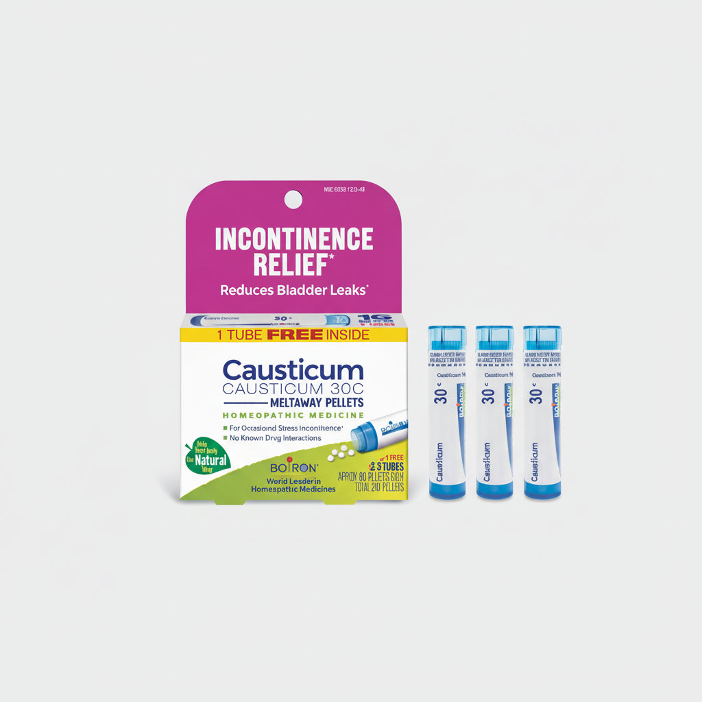 Causticum homeopathic medicine packaging with purple and white design on a white background