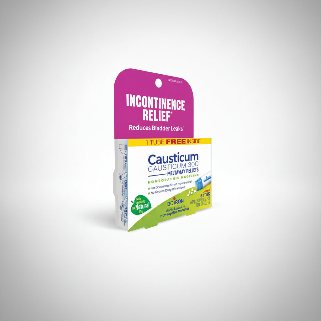 Packaging of Causticum 30C homeopathic medicine for incontinence relief on a white background.