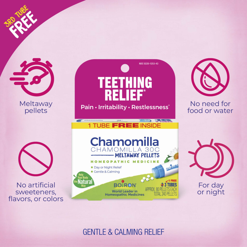 Teething relief product packaging with features on a pink background