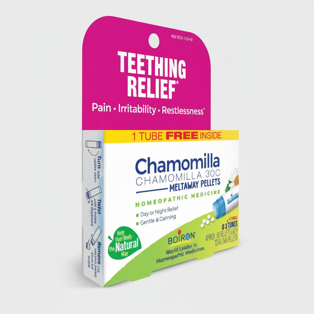 Packaging of Chamomilla teething relief product with pink and white design.