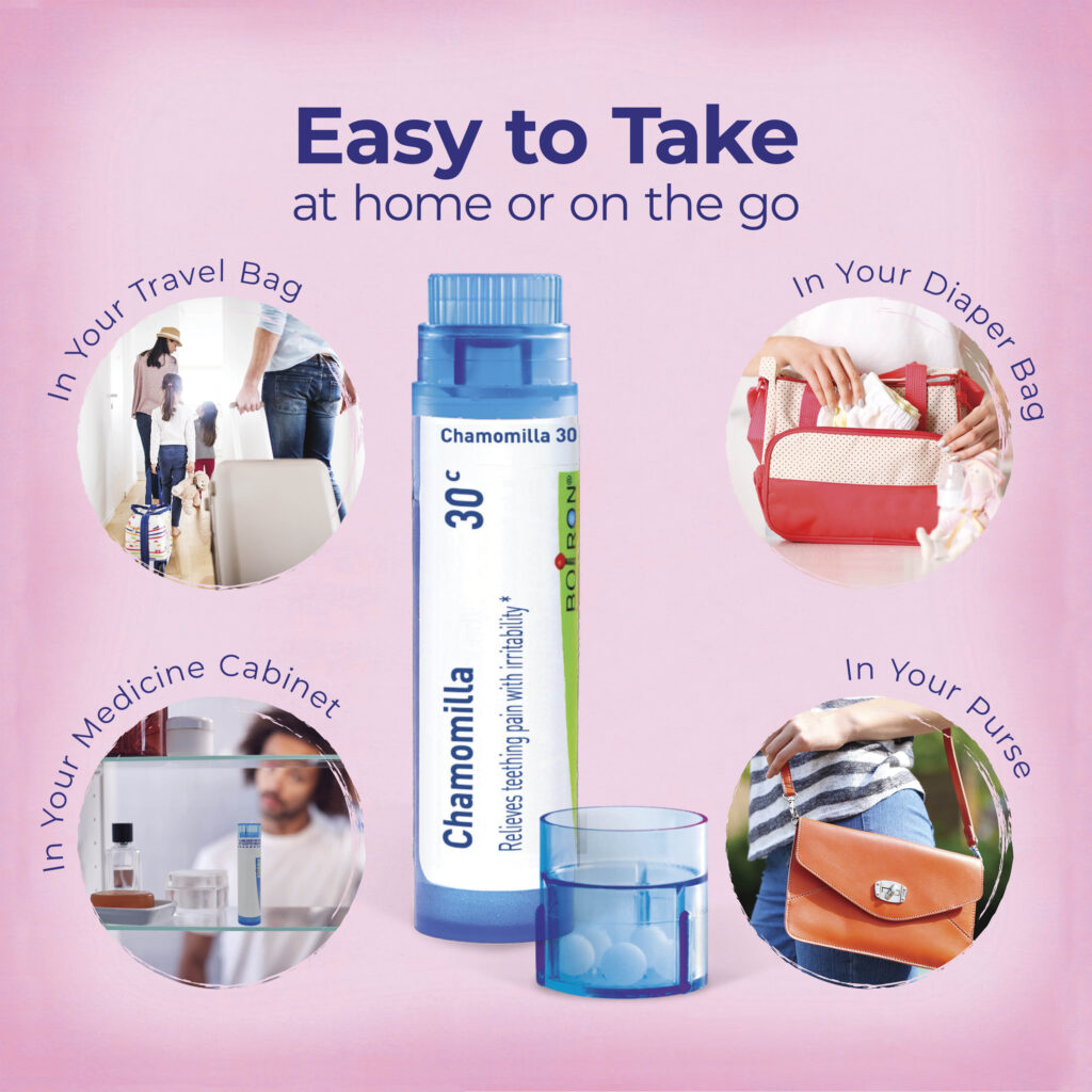 Chamomilla 30c product with usage scenarios on a pink background