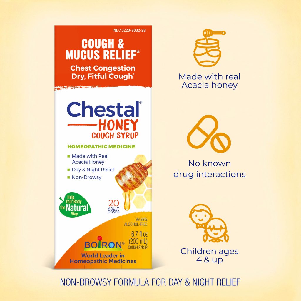 Chestal Honey Cough Syrup packaging with product details on a beige background