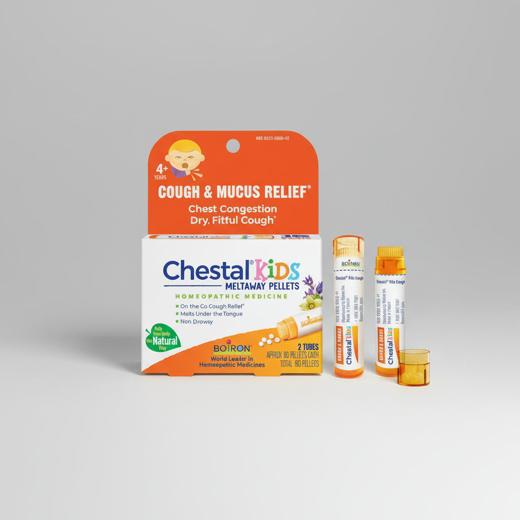 Chestal Kids Meltaway Pellets packaging with Boiron branding on a white background