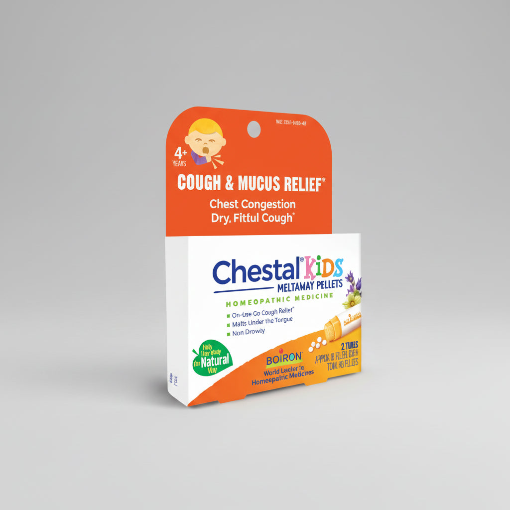 Chestal Kids Meltaway Pellets packaging for cough and mucus relief on a white background