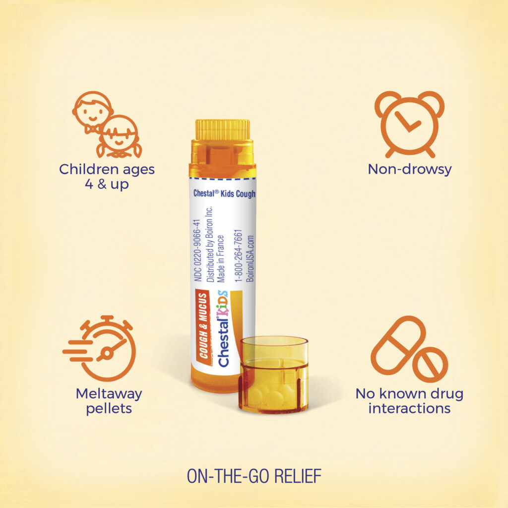 Chestit Kids Cough Syrup bottle with features listed on a yellow background