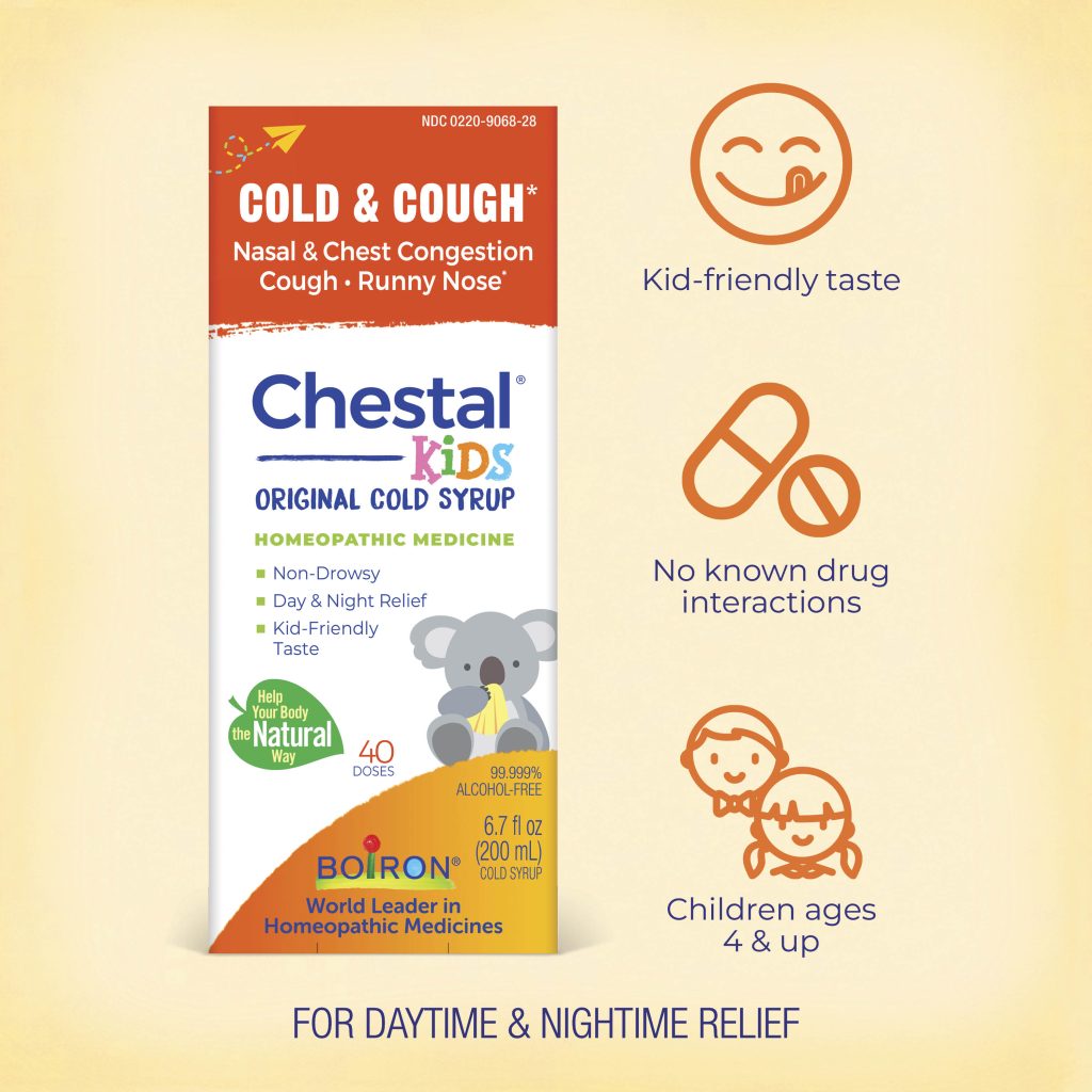 Chestal Kids Cold Syrup packaging with features on a yellow background