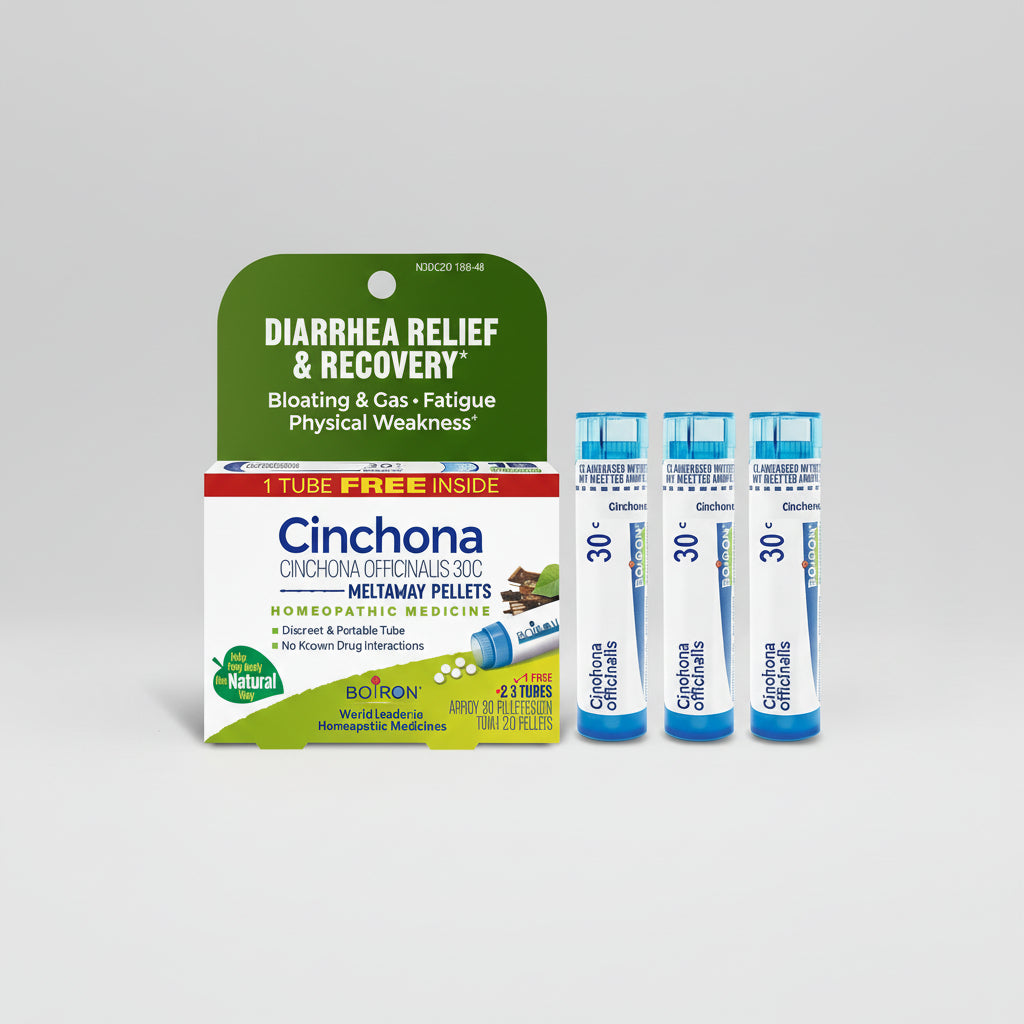 Cinchona homeopathic medicine packaging for diarrhea relief on a white background