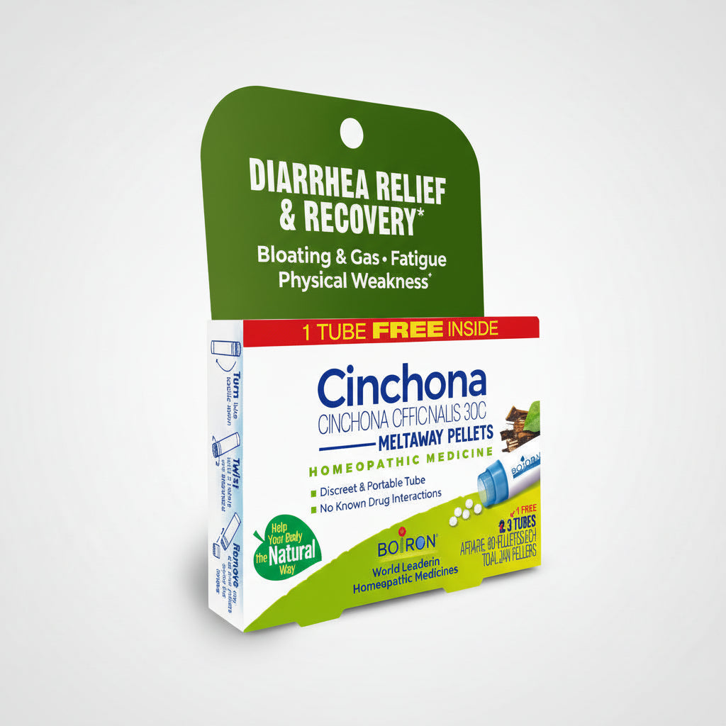 Cinchona homeopathic medicine packaging for diarrhea relief and recovery on a white background
