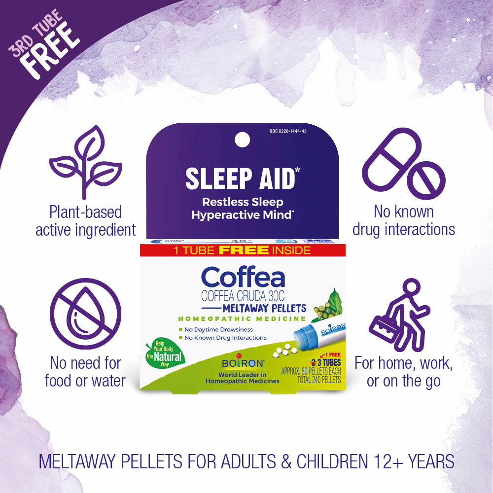 Promotional graphic for Sleep Aid and Coffea products with text and icons on a purple and white background.