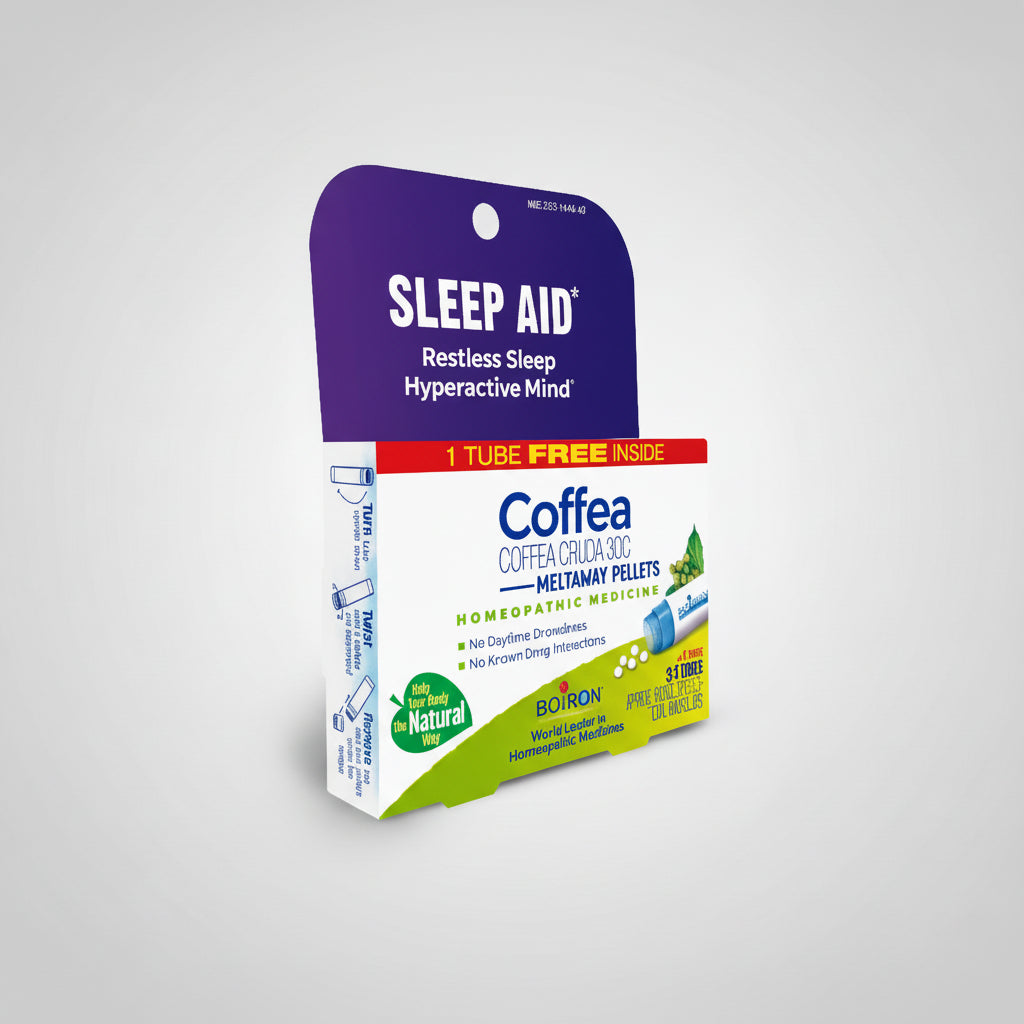 Coffea Sleep Aid packaging with purple, white, and green colors on a white background