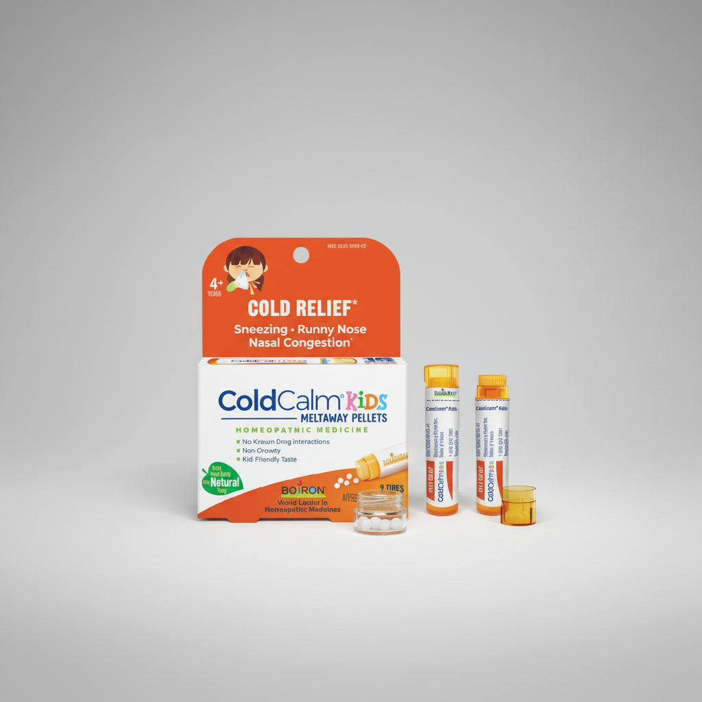 Cold relief product for kids including packaging and two tubes on a white background