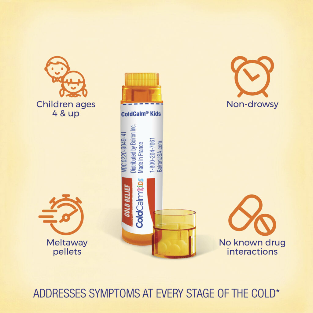 Cold relief product with features listed on a beige background