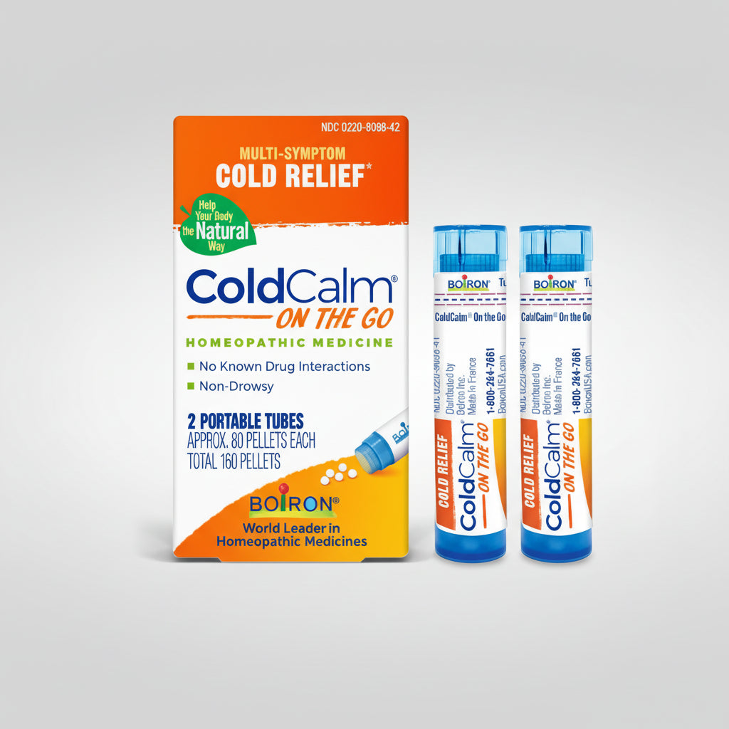 ColdCalm on the Go homeopathic medicine packaging with two portable tubes on a white background
