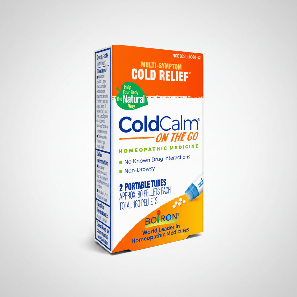 Box of ColdCalm On The Go homeopathic medicine for cold relief on a white background