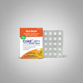 Cold relief medication packaging with tablets on a white background