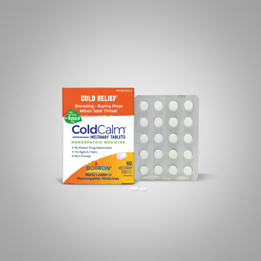 Cold relief medication packaging with tablets on a white background