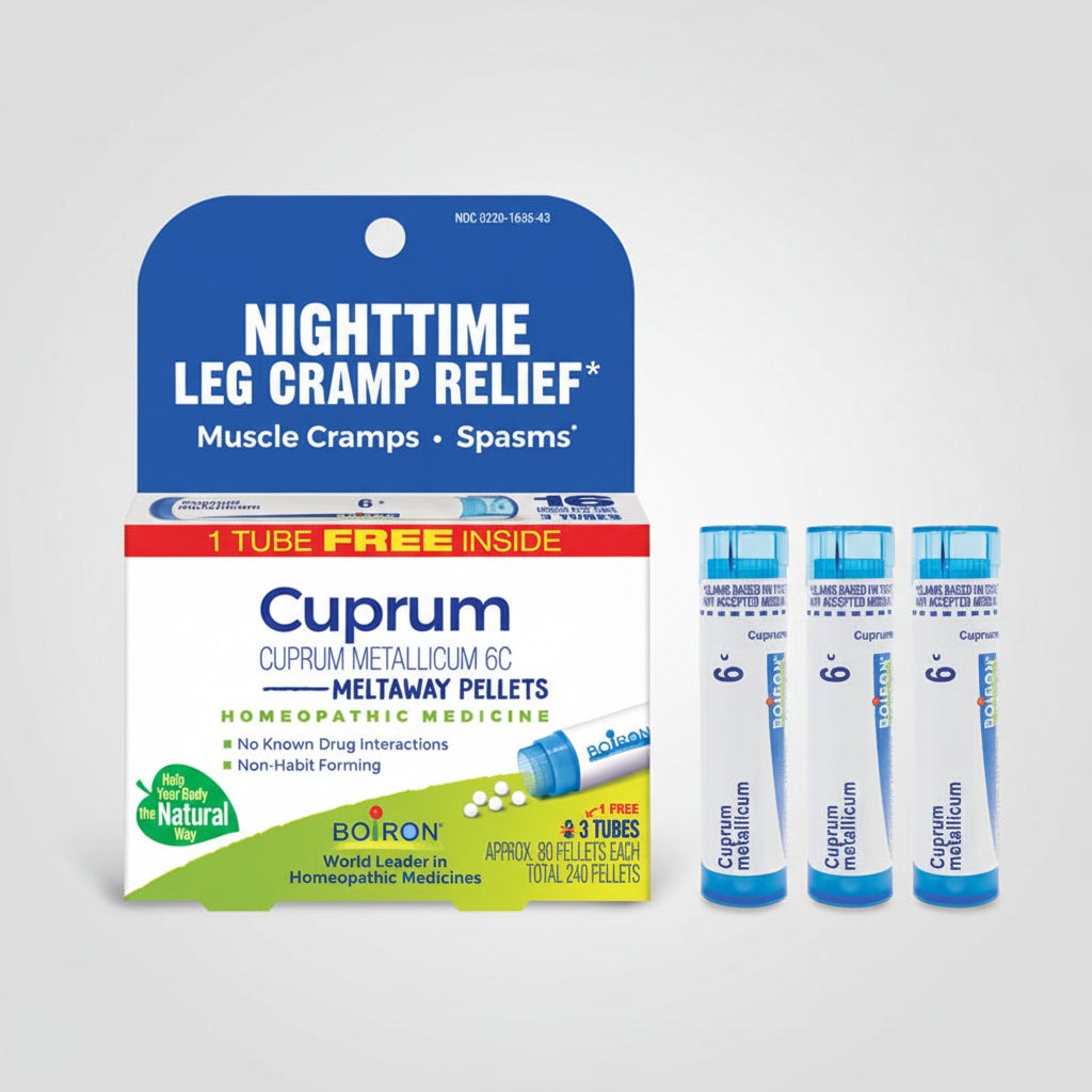 Cuprum metallicum 6C meltaway pellets packaging for nighttime leg cramp relief on a white background.