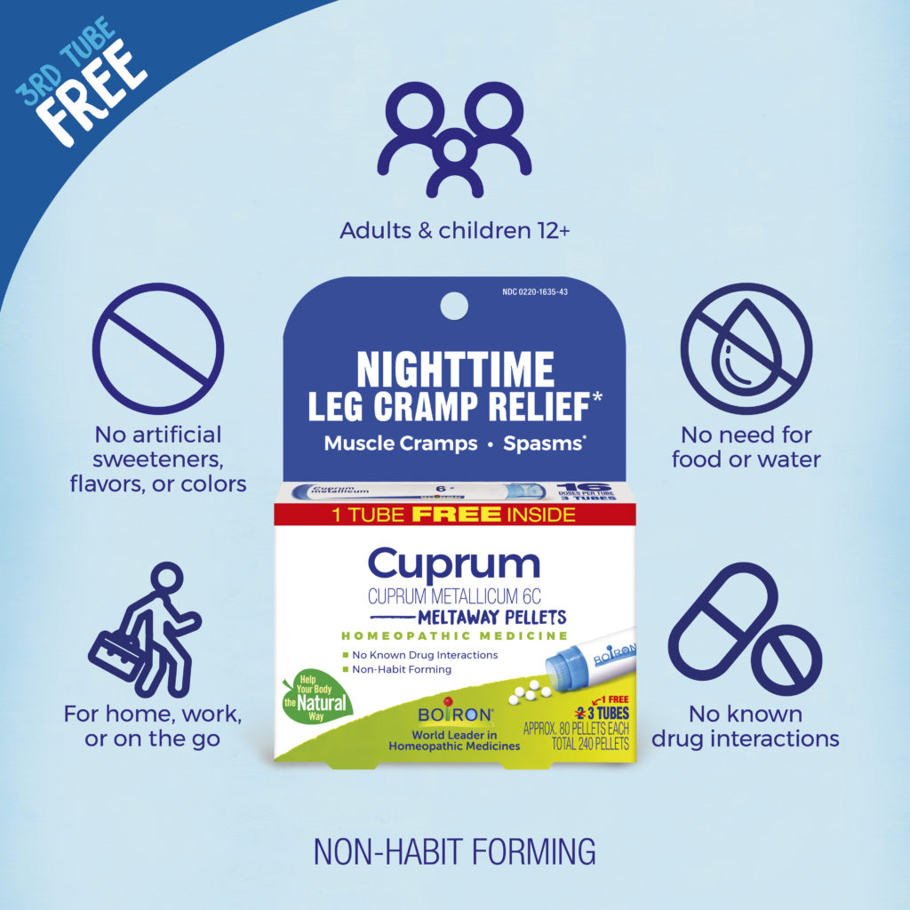 Boiron Cuprum Nighttime Leg Cramp Relief packaging with product details on a light blue background