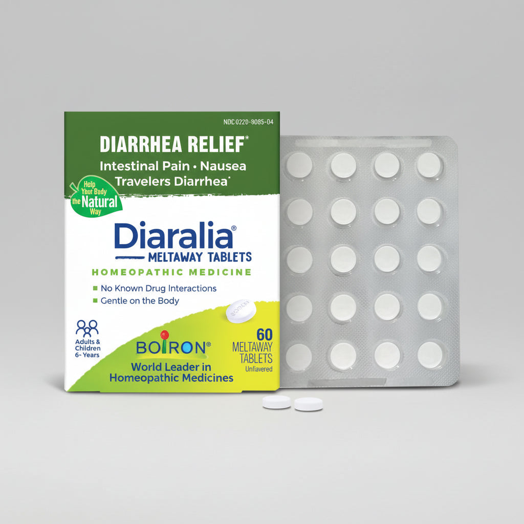 Diarrhea relief medication packaging with tablets on a white background