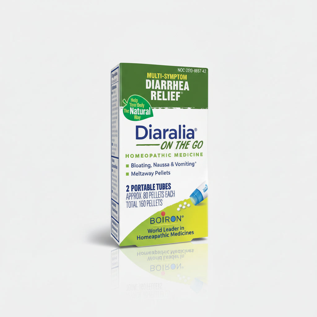 Box of Diaralia on the Go homeopathic medicine for diarrhea relief on a white background
