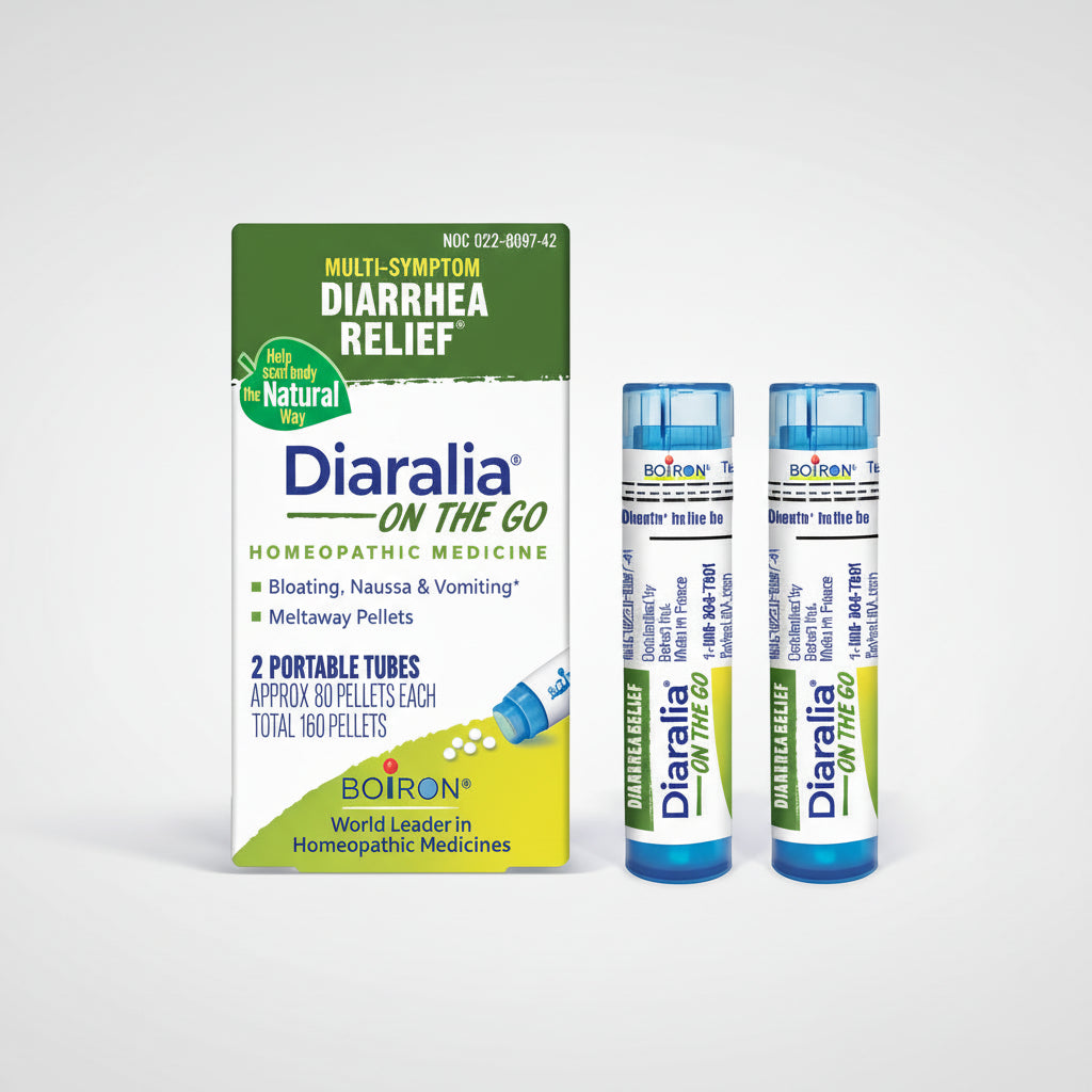 Diaralia on the Go homeopathic medicine packaging with two bottles on a white background
