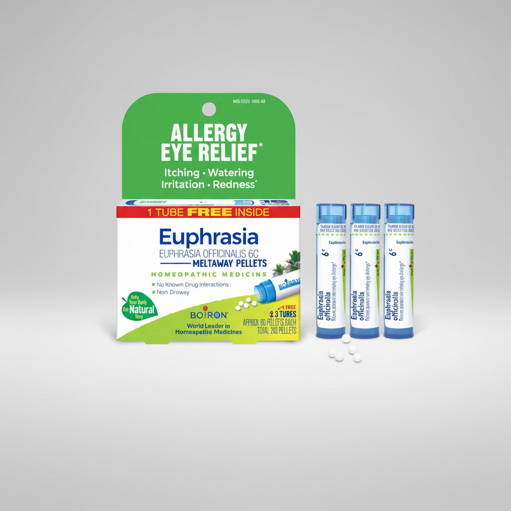 Euphrasia Allergy Eye Relief packaging with three blue tubes on a white background