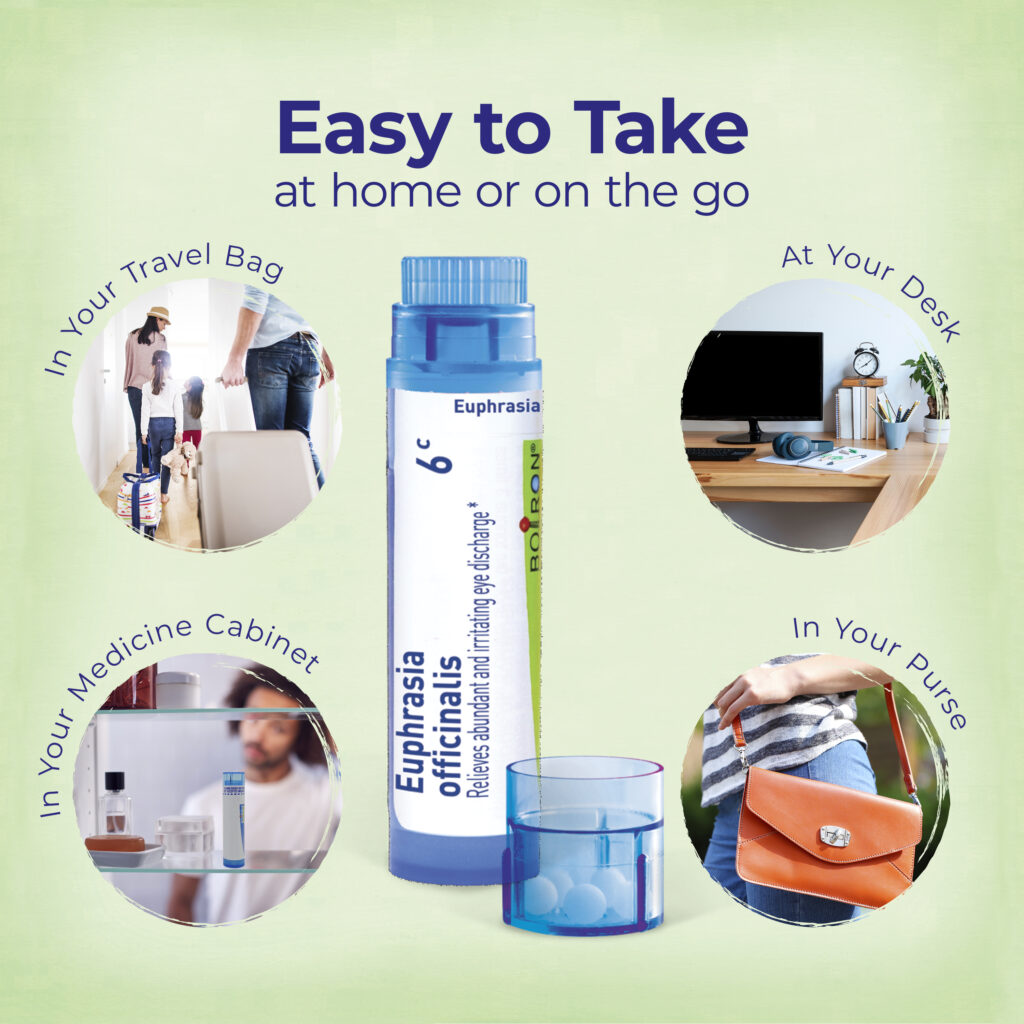 Euphrasia eye drops packaging with usage scenarios on a green background