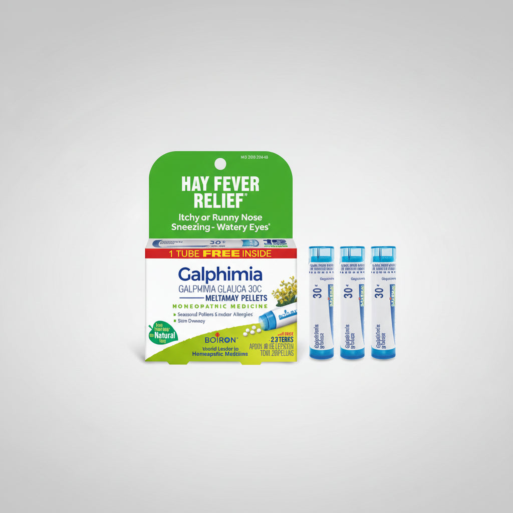 Packaging of Galphimia Hay Fever Relief with three blue tubes on a white background