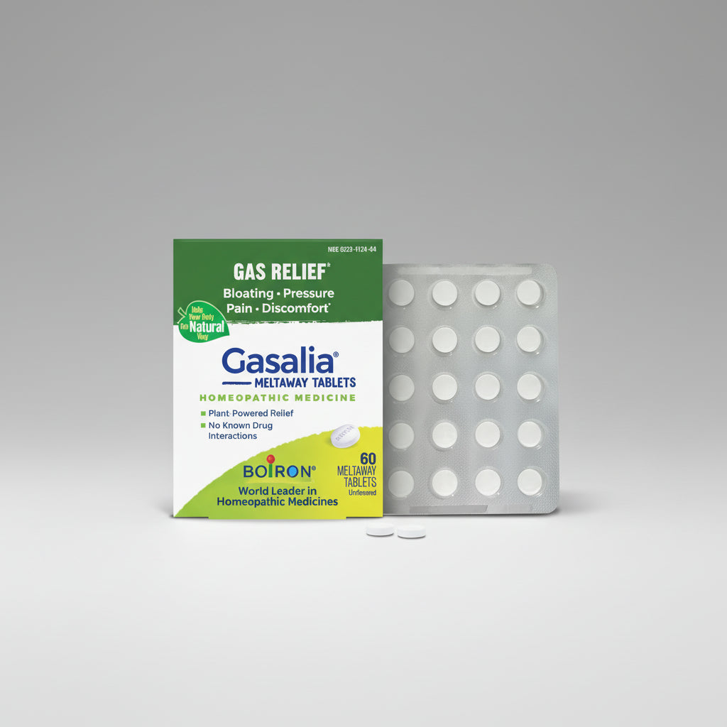 Gasalia Meltaway Tablets packaging with green and white design on a white background