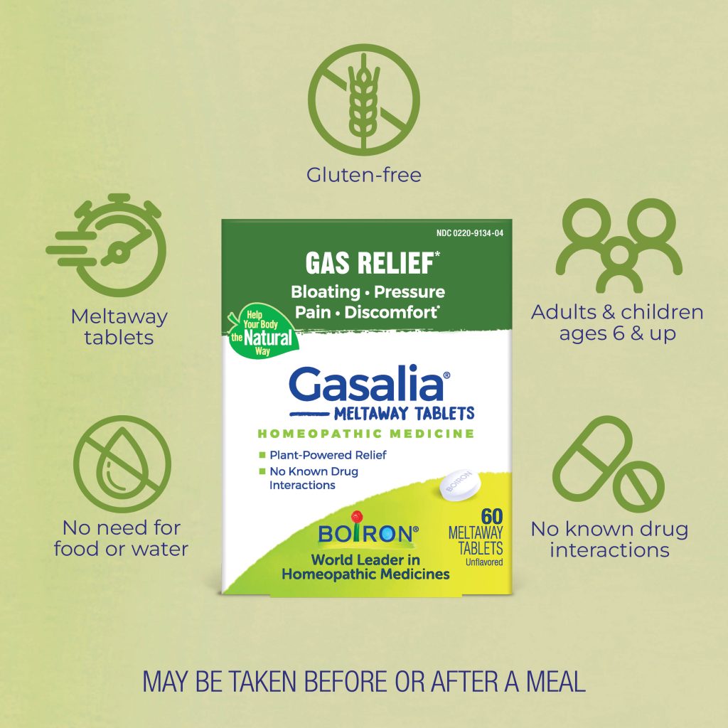 Casalia gas relief tablets packaging with Boiron branding on a green background