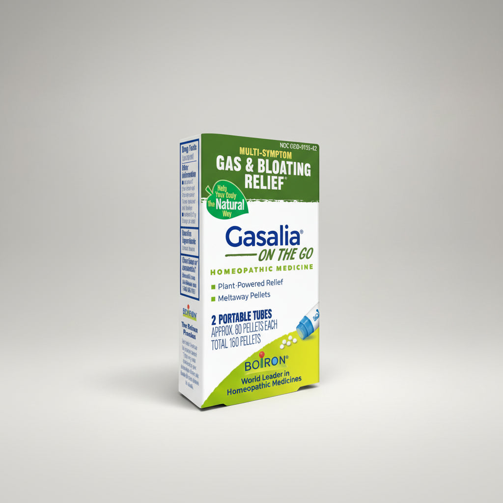 Box of Gasalia on the Go homeopathic medicine for gas and bloating relief on a white background