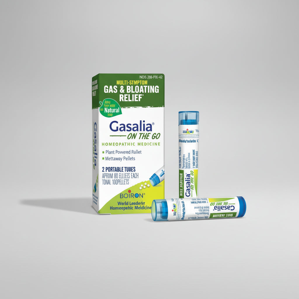 Gasalia on the Go homeopathic medicine packaging with two portable tubes on a white background