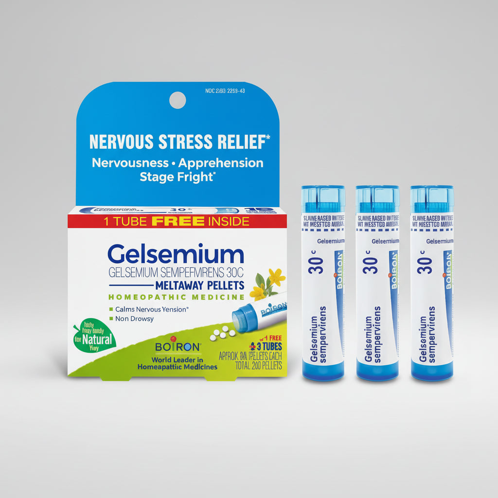 Gelsemium homeopathic medicine packaging for nervous stress relief on a white background