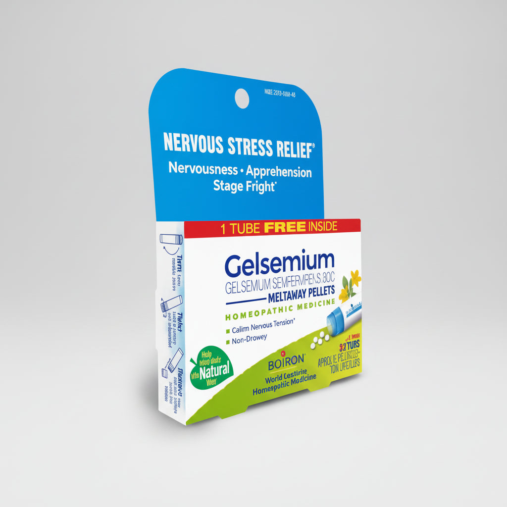 Gelsemium product packaging for nervous stress relief on a white background