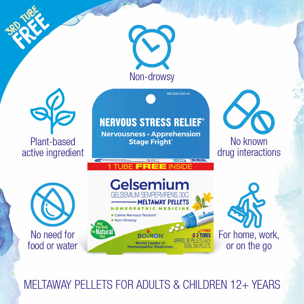 Advertisement for Gelsemium Meltaway Pellets with product packaging and features listed.