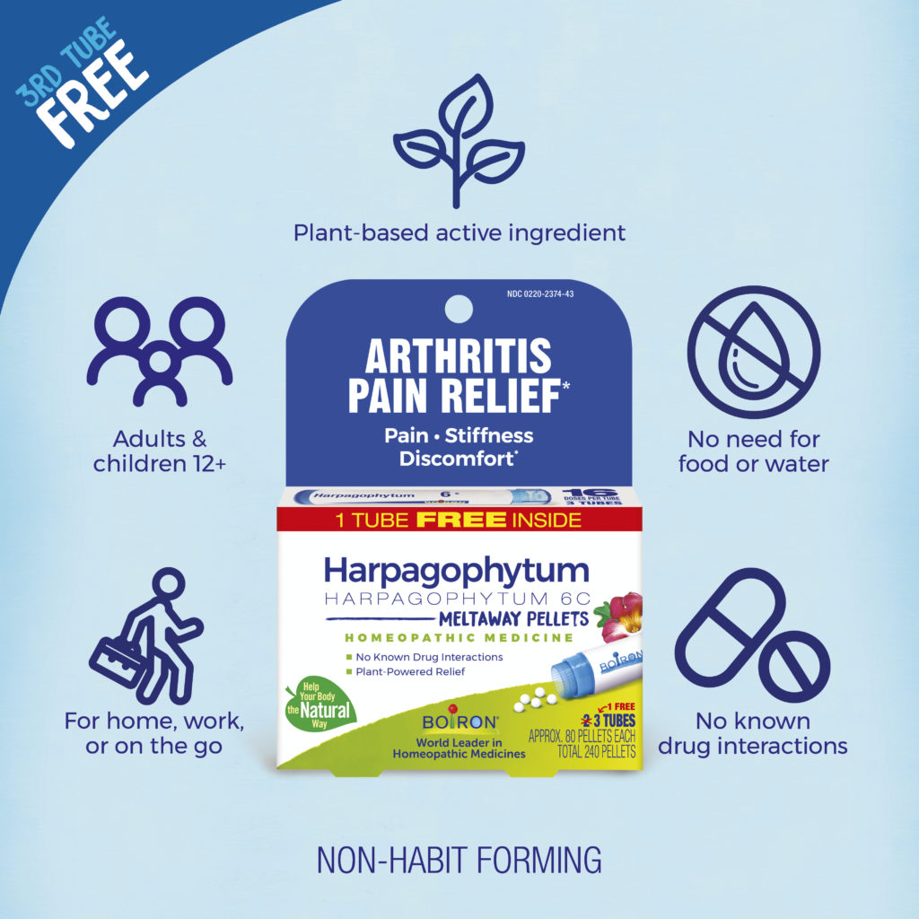 Harpagophytum product packaging with arthritis pain relief text on a blue background