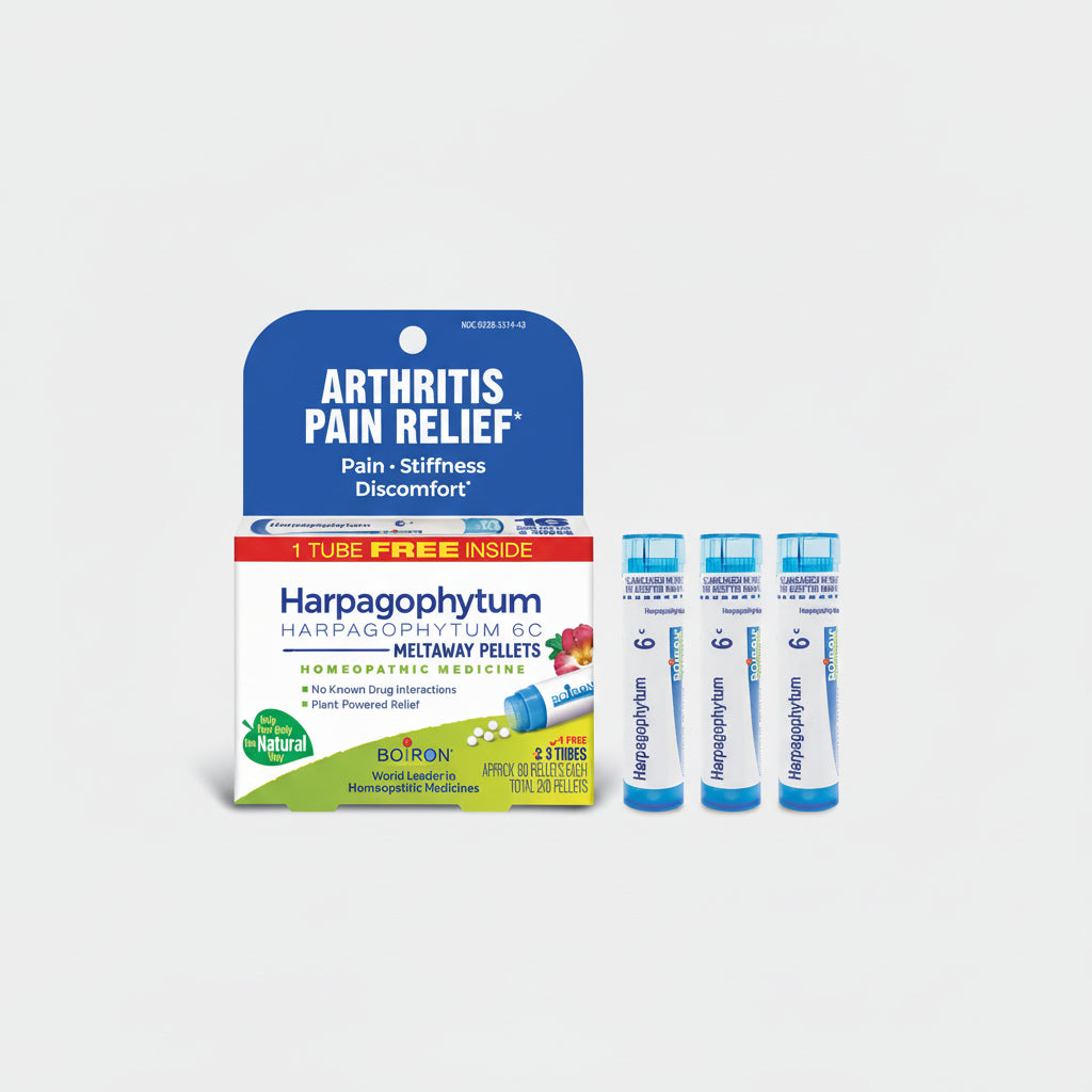 Harpagophytum arthritis pain relief product packaging with three tubes on a white background