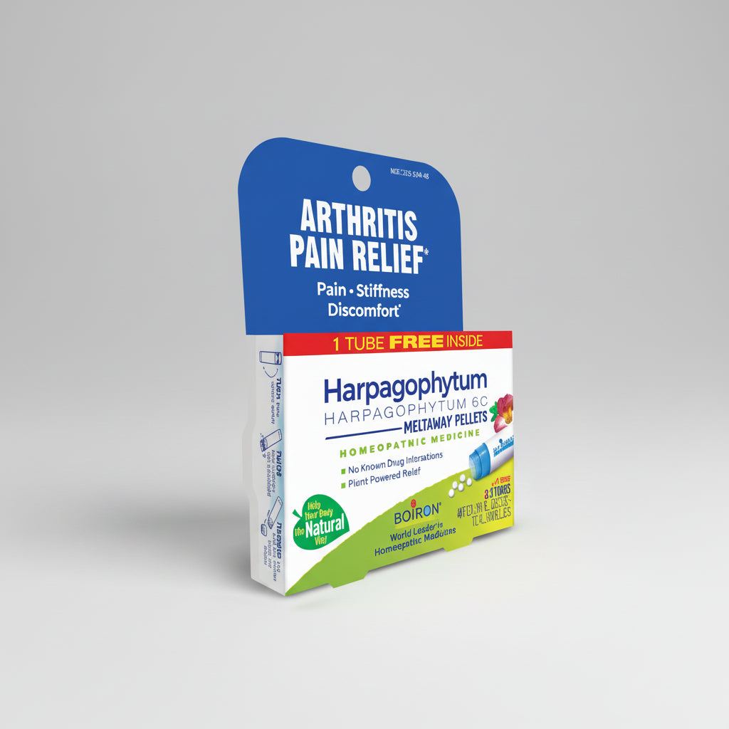 Packaging of Arthritis Pain Relief with Harpagophytum on a gray background
