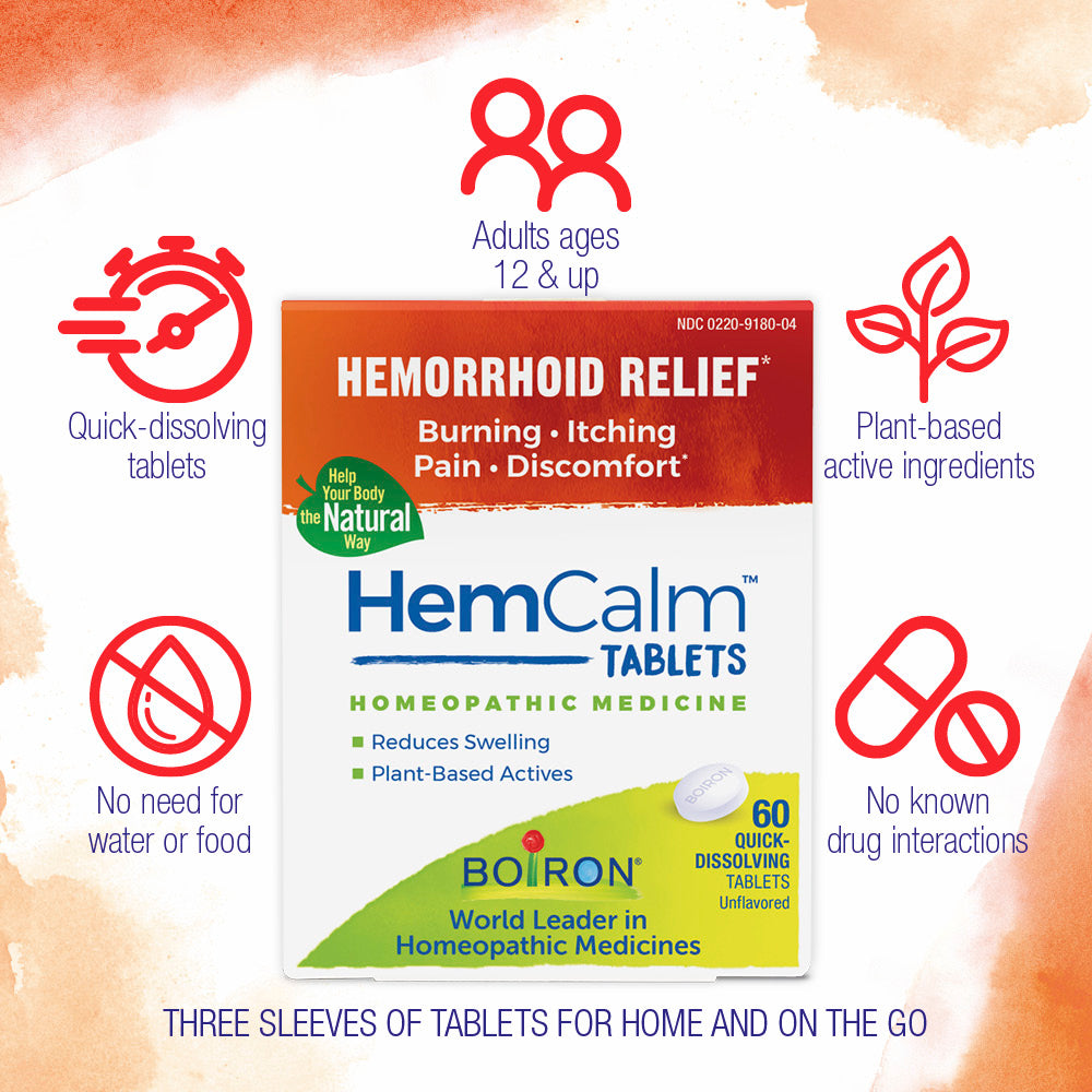 HemCalm tablets packaging with product features on a beige background